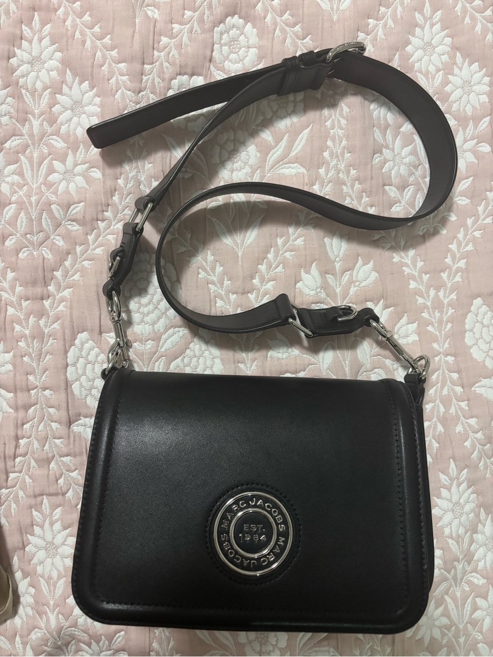Marc Jacobs Black Leather Crossbody with Signature Logo Medallion
